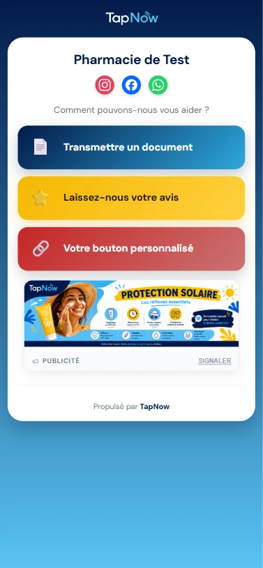 Page TapNow vue par le client : transmettre un document, laisser un avis, bouton personnalisé